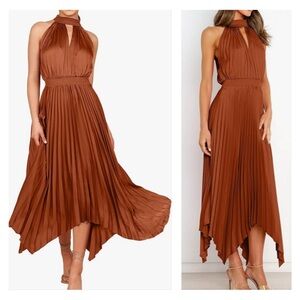 Caramel Brown Sleeveless Pleated Skirt Asymmetrical Hem Satin Look Midi Dress